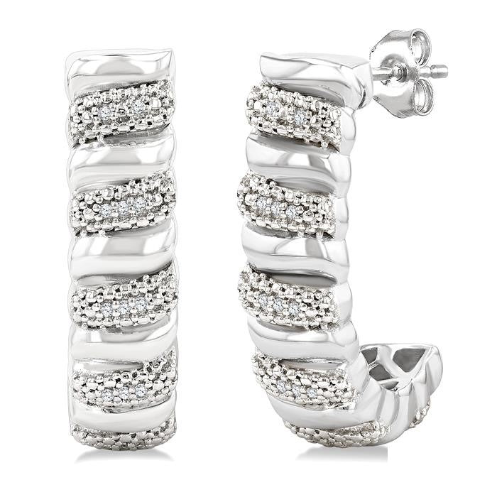 1/10 Ctw Bold Silver Ribbed Swirl Round Cut Diamond Pirouette Bold Half Hoop Earrings in Sterling Silver