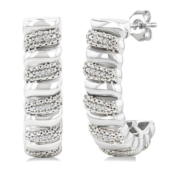 1/10 Ctw Bold Silver Ribbed Swirl Round Cut Diamond Pirouette Bold Half Hoop Earrings in Sterling Silver