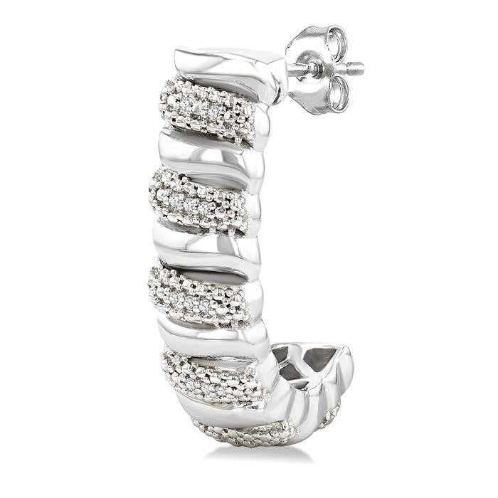 1/10 Ctw Bold Silver Ribbed Swirl Round Cut Diamond Pirouette Bold Half Hoop Earrings in Sterling Silver