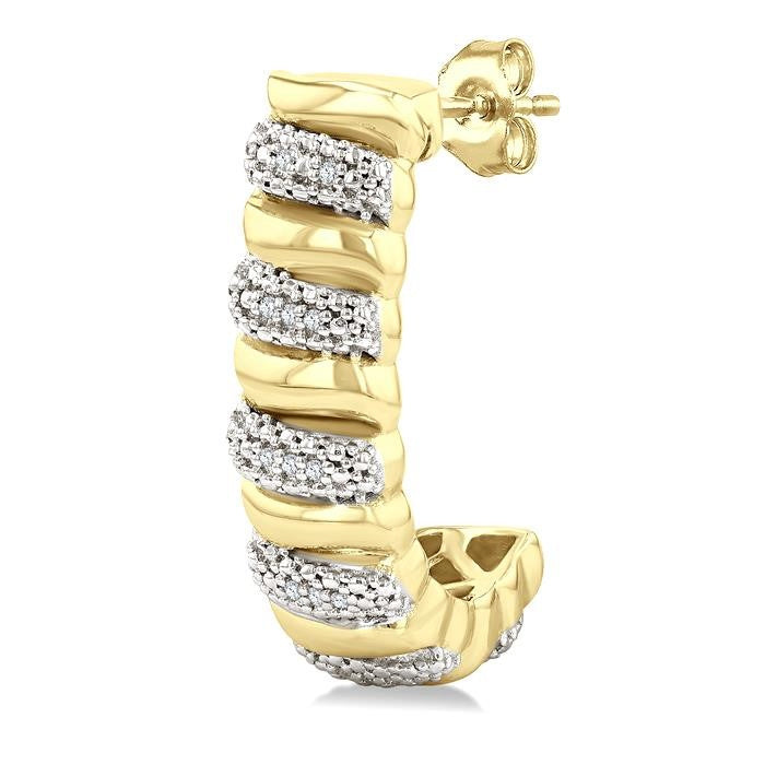 1/10 Ctw Bold Ribbed Swirl Round Cut Diamond Pirouette Fashion Half Hoop Earrings in Yellow Gold Vermeil