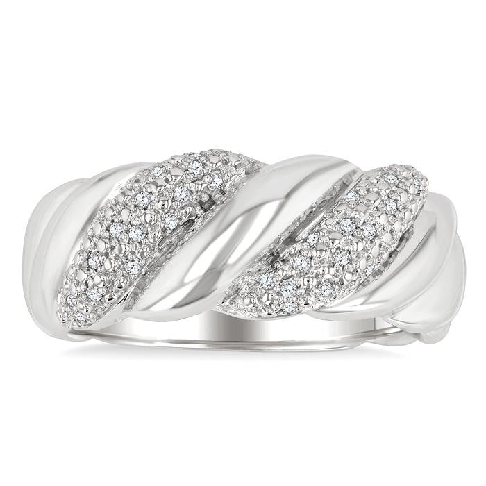 1/10 Ctw Bold Ribbed Swirl Round Cut Diamond Pirouette Bold Fashion Band in Sterling Silver