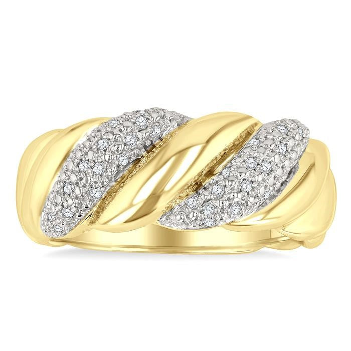 1/10 Ctw Bold Puffed Ribbed Swirl Round Cut Diamond Pirouette Fashion Band in Yellow Gold Vermeil