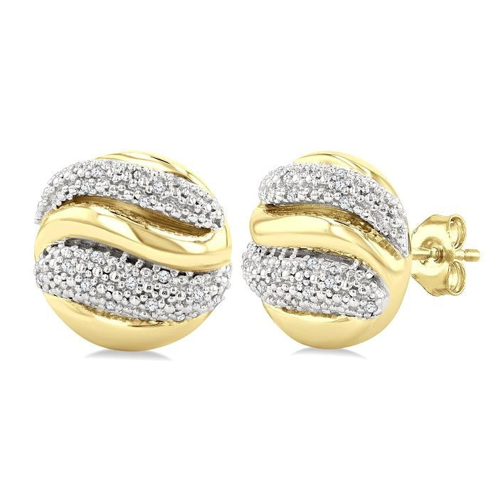 1/10 Ctw Circular Shape Bold Puffed Ribbed Swirl Round Cut Diamond Pirouette Fashion Stud Earrings in Yellow Gold Vermeil