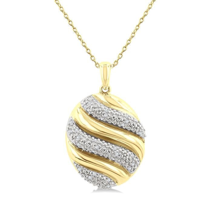 1/10 Ctw Oval Shape Bold Puffed Ribbed Swirl Round Cut Diamond Pirouette Fashion Pendant With Chain in Yellow Gold Vermeil