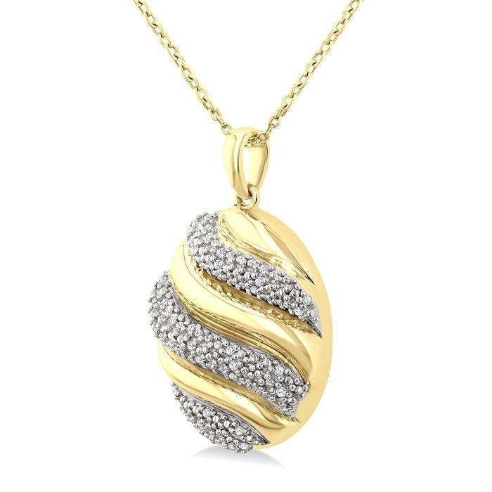 1/10 Ctw Oval Shape Bold Puffed Ribbed Swirl Round Cut Diamond Pirouette Fashion Pendant With Chain in Yellow Gold Vermeil