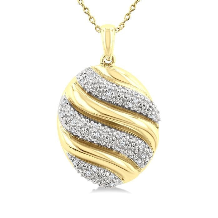 1/10 Ctw Oval Shape Bold Puffed Ribbed Swirl Round Cut Diamond Pirouette Fashion Pendant With Chain in Yellow Gold Vermeil