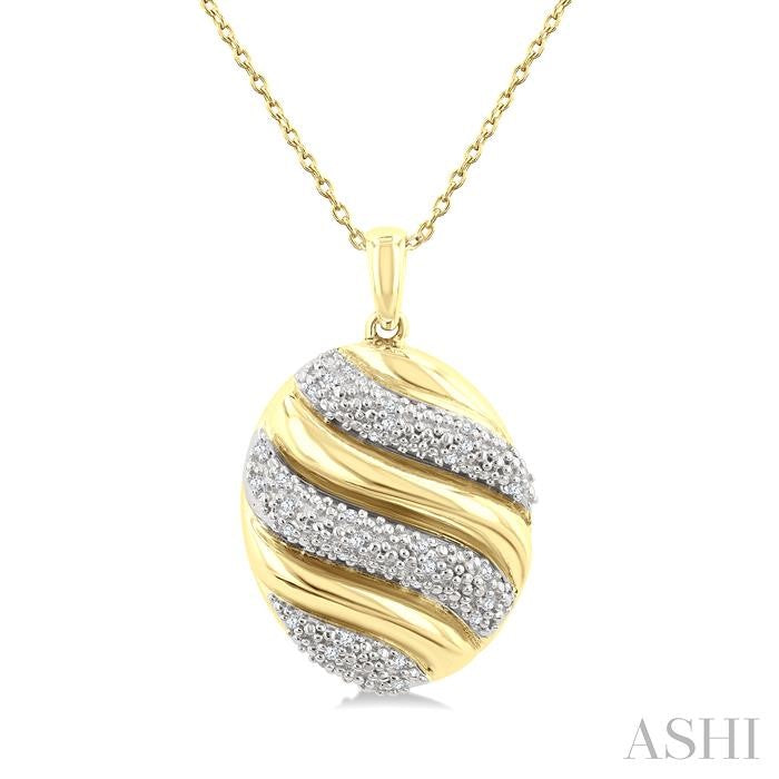 1/10 Ctw Oval Shape Bold Puffed Ribbed Swirl Round Cut Diamond Pirouette Fashion Pendant With Chain in Yellow Gold Vermeil