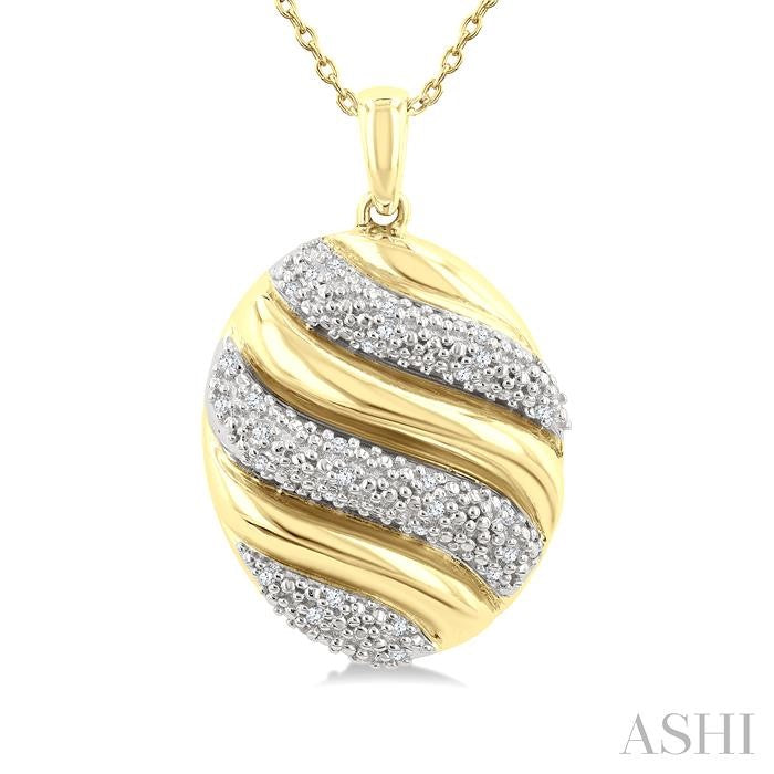 1/10 Ctw Oval Shape Bold Puffed Ribbed Swirl Round Cut Diamond Pirouette Fashion Pendant With Chain in Yellow Gold Vermeil