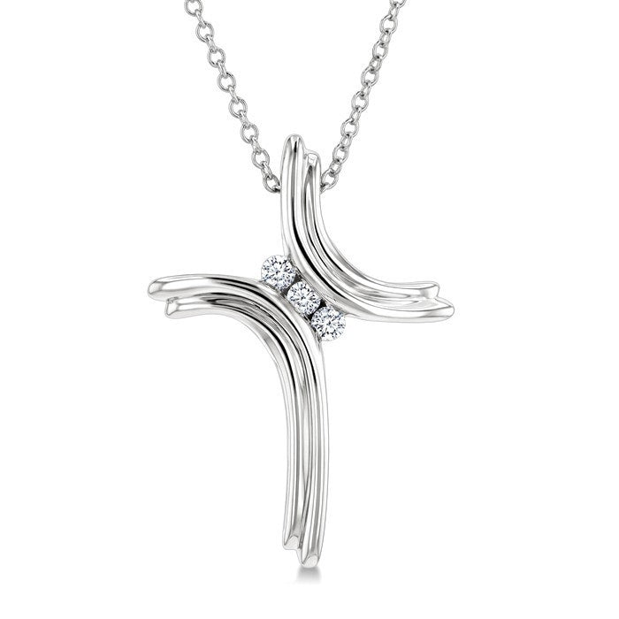 1/10 Ctw Round Cut Diamond Cross Pendant in Sterling Silver with Chain