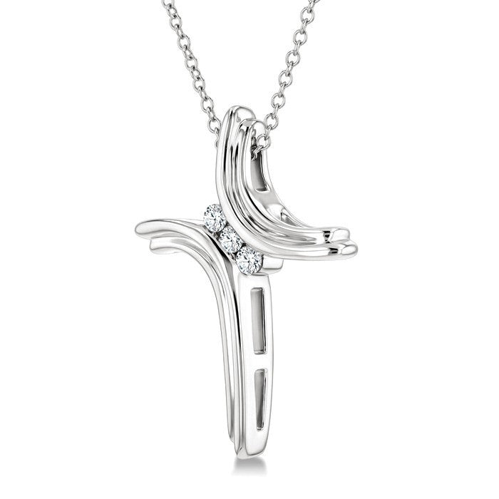 1/10 Ctw Round Cut Diamond Cross Pendant in Sterling Silver with Chain