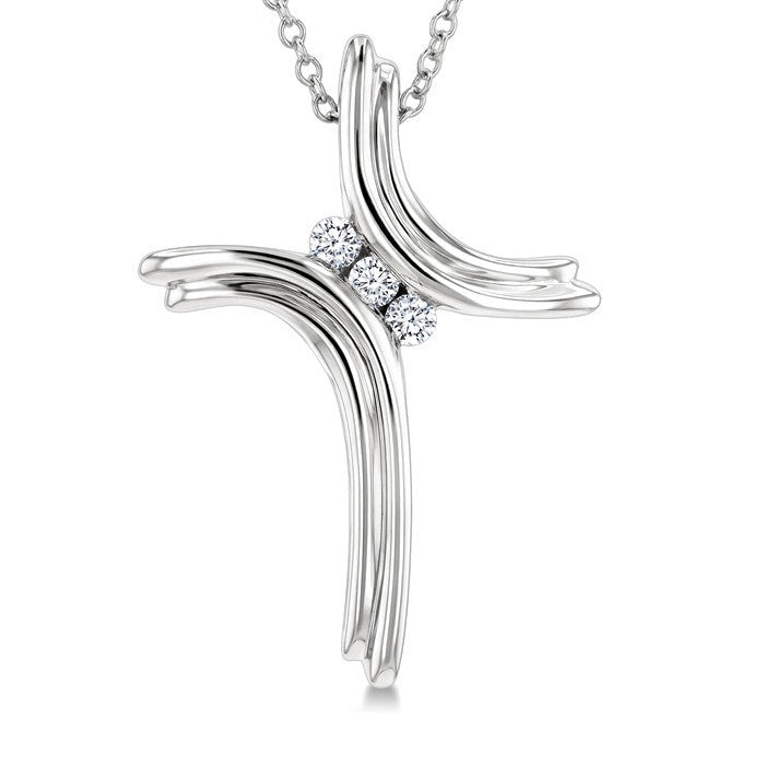 1/10 Ctw Round Cut Diamond Cross Pendant in Sterling Silver with Chain