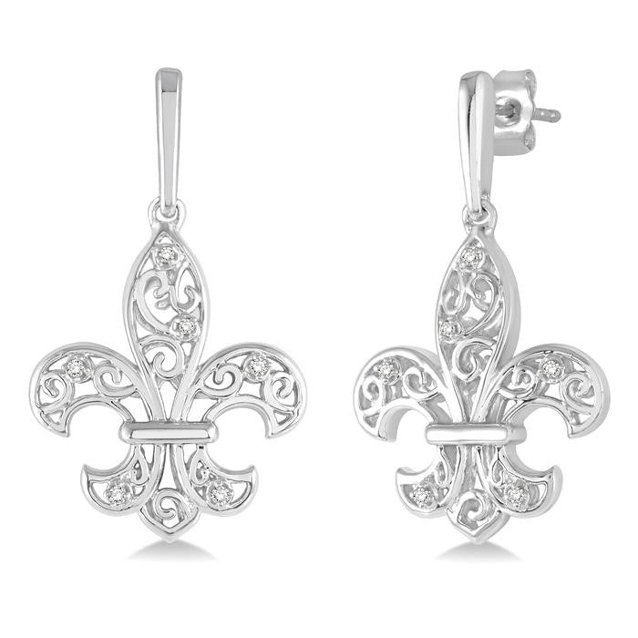 1/20 Ctw Round Cut Diamond Fleur De Lis Earrings in Sterling Silver