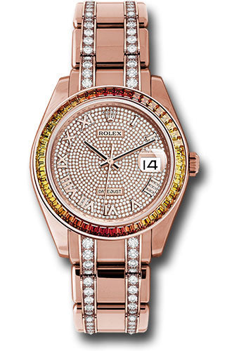 *Pre-Owned* Rolex Everose Gold Datejust Pearlmaster 39 Watch - 48 Orange To Yellow Gradient Baguette-Cut Sapphires Bezel - 18K Everose Gold Diamond Paved Dial