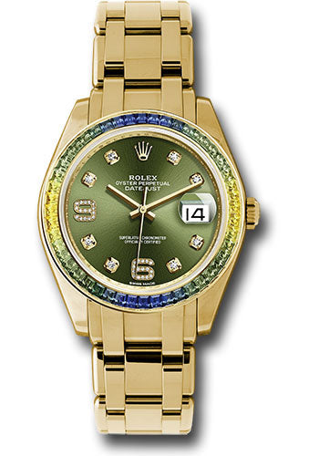 *Pre-Owned* Rolex Yellow Gold Datejust Pearlmaster 39 Watch - 48 Blue To Green Gradient Baguette-Cut Sapphires Bezel - Olive Green Diamond Dial