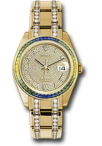 *Pre-Owned* Rolex Yellow Gold Datejust Pearlmaster 39 Watch - 48 Blue To Green Gradient Baguette-Cut Sapphires Bezel - 18K Yellow Gold Diamond Paved Dial