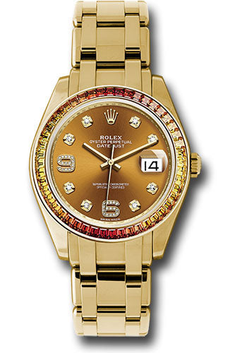 *Pre-Owned* Rolex Yellow Gold Datejust Pearlmaster 39 Watch - 48 Orange To Yellow Gradient Baguette-Cut Sapphires Bezel - Cognac Diamond Dial