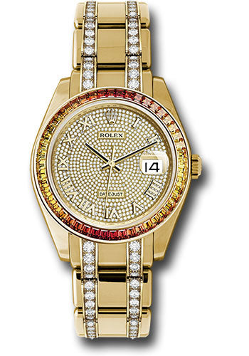 *Pre-Owned* Rolex Yellow Gold Datejust Pearlmaster 39 Watch - 48 Orange To Yellow Gradient Baguette-Cut Sapphires Bezel - 18K Yellow Gold Diamond Paved Dial