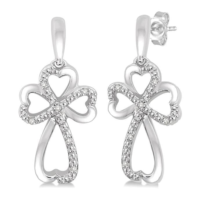 1/20 Ctw Heart Shape Round Cut Diamond Cross Earrings in Sterling Silver