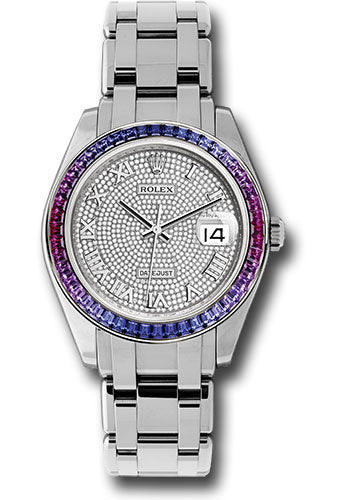 *Pre-Owned* Rolex White Gold Datejust Pearlmaster 39 Watch - 48 Blue To Fuchsia Pink Gradient Baguette-Cut Sapphires Bezel - 18K White Gold Diamond Paved Dial