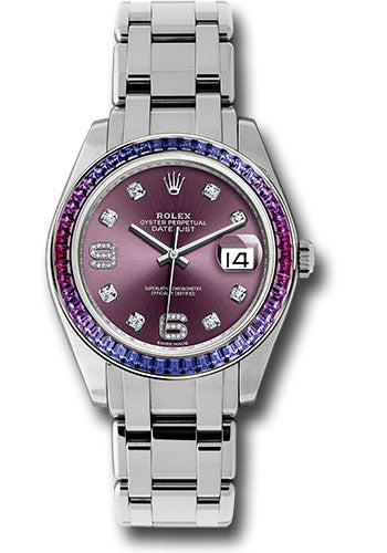 *Pre-Owned* Rolex White Gold Datejust Pearlmaster 39 Watch - 48 Blue To Fuchsia Pink Gradient Baguette-Cut Sapphires Bezel - Red Grape Diamond Dial