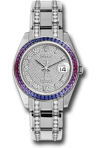 *Pre-Owned* Rolex White Gold Datejust Pearlmaster 39 Watch - 48 Blue To Fuchsia Pink Gradient Baguette-Cut Sapphires Bezel - 18K White Gold Diamond Paved Dial