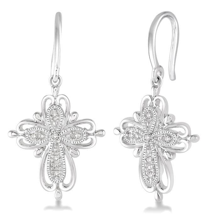 1/20 Ctw Round Cut Diamond Cross Earrings in Sterling Silver