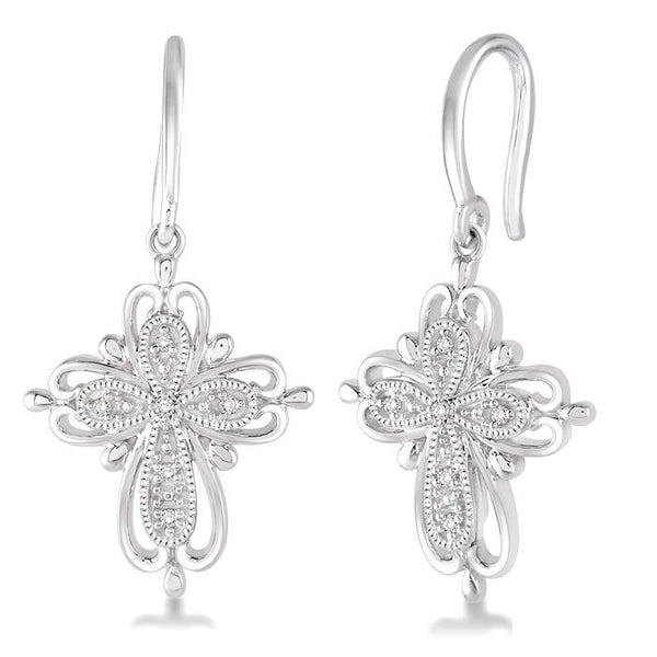 1/20 Ctw Round Cut Diamond Cross Earrings in Sterling Silver