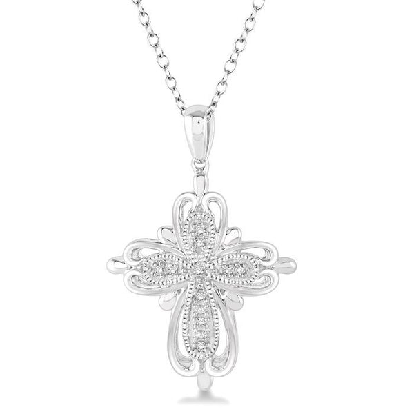 1/20 Ctw Round Cut Diamond Cross Pendant in Sterling Silver with Chain