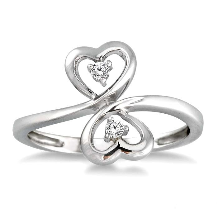 Silver 2 Stone Heart Shape Diamond Fashion Ring