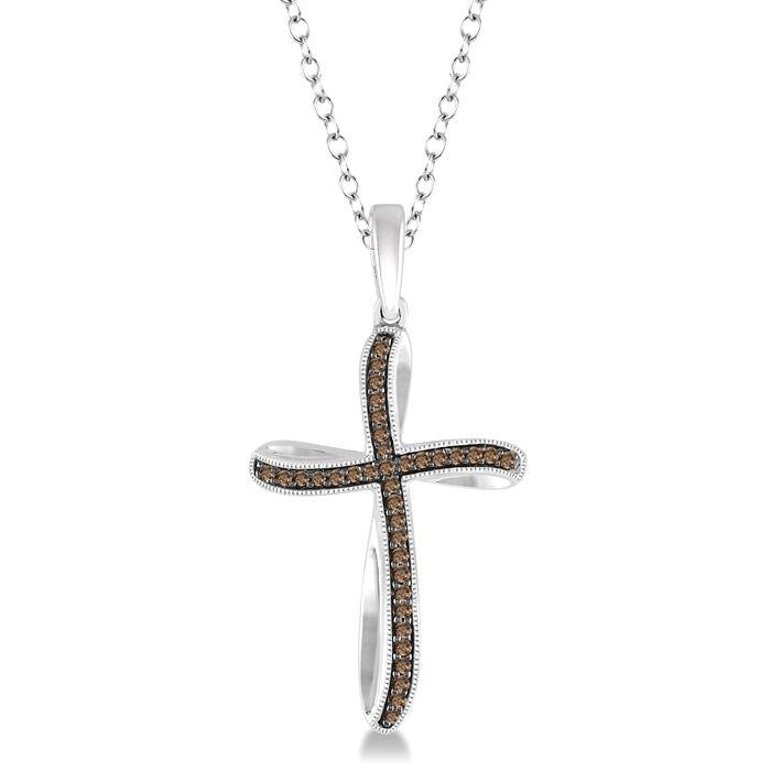 1/6 Ctw Round Cut Champagne Brown Diamond Cross Pendant in Sterling Silver with Chain