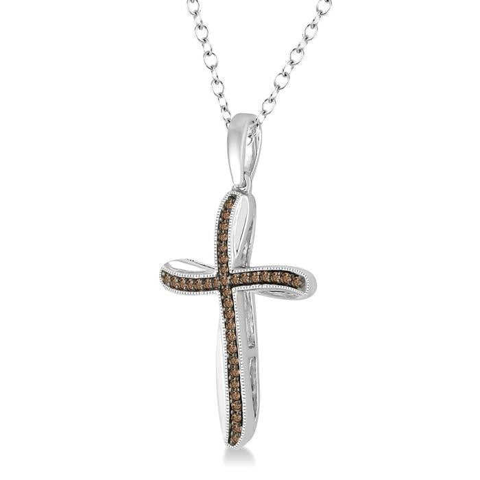 1/6 Ctw Round Cut Champagne Brown Diamond Cross Pendant in Sterling Silver with Chain