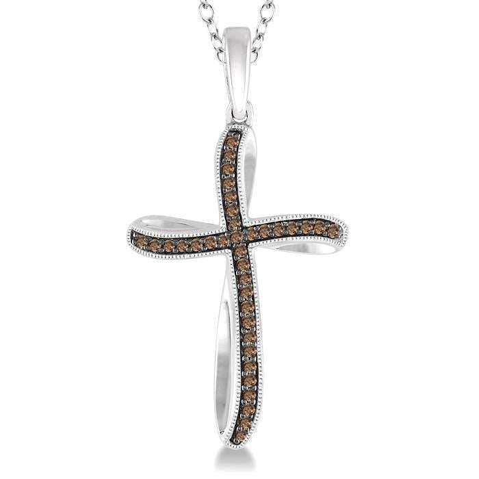 1/6 Ctw Round Cut Champagne Brown Diamond Cross Pendant in Sterling Silver with Chain