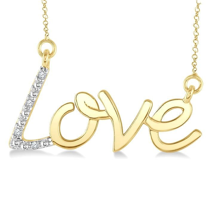 1/50 Ctw 'Love' Calligraphed Round Cut Diamond Fashion Pendant With Chain in Yellow Gold Vermeil