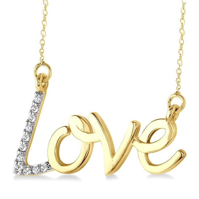 1/50 Ctw 'Love' Calligraphed Round Cut Diamond Fashion Pendant With Chain in Yellow Gold Vermeil
