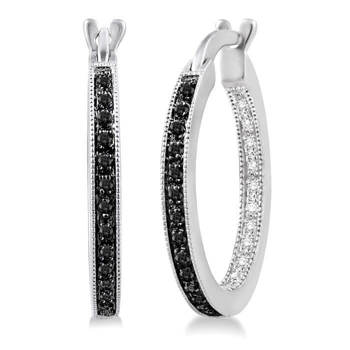 1/3 Ctw White and Black Diamond Hoop Earrings in Sterling Silver