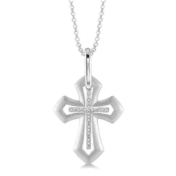 1/20 Ctw Round Cut Diamond Cross Pendant with Chain in Sterling Silver