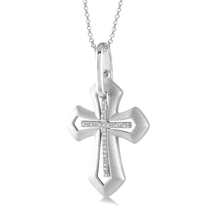 1/20 Ctw Round Cut Diamond Cross Pendant with Chain in Sterling Silver