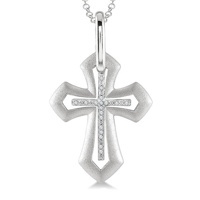 1/20 Ctw Round Cut Diamond Cross Pendant with Chain in Sterling Silver