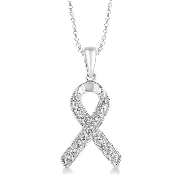 1/20 Ctw Round Cut Diamond Support Ribbon Pendant in Sterling Silver with Chain