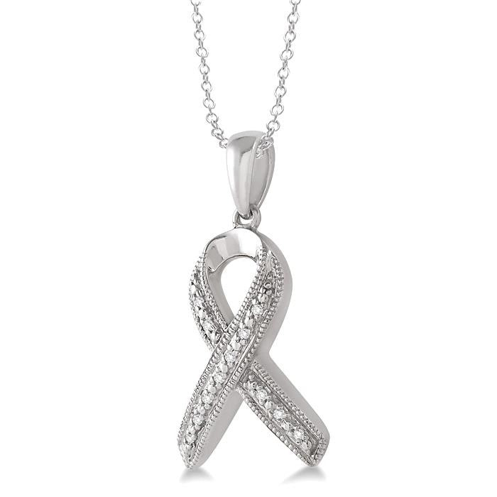 1/20 Ctw Round Cut Diamond Support Ribbon Pendant in Sterling Silver with Chain