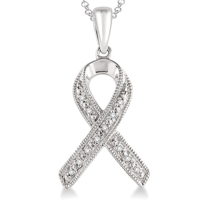1/20 Ctw Round Cut Diamond Support Ribbon Pendant in Sterling Silver with Chain
