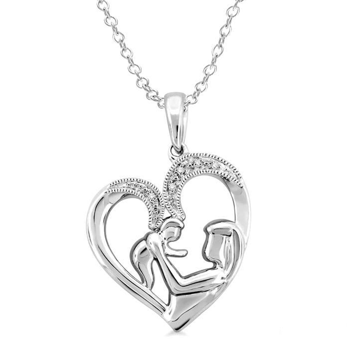 Silver Heart Shape Mom & Child Diamond Fashion Pendant