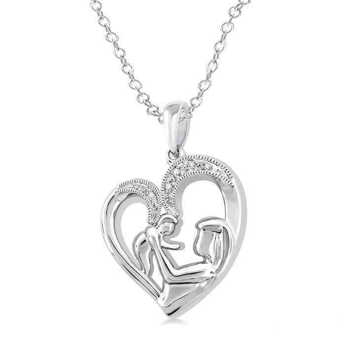Silver Heart Shape Mom & Child Diamond Fashion Pendant