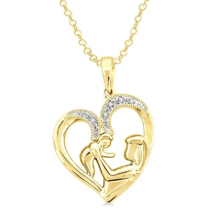 1/50 Ctw Round Cut Diamond Heart Shape Mom & Child Pendant With Chain in Yellow Gold Vermeil