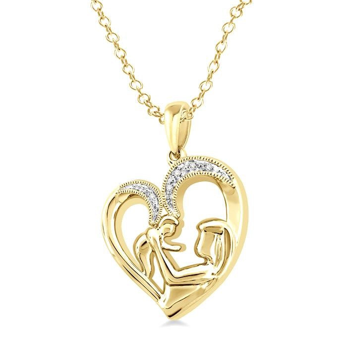 1/50 Ctw Round Cut Diamond Heart Shape Mom & Child Pendant With Chain in Yellow Gold Vermeil