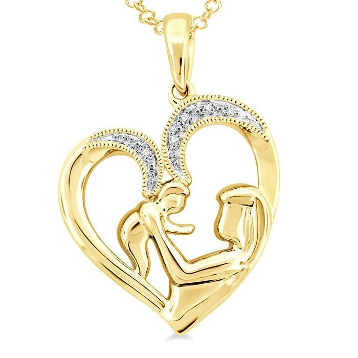 1/50 Ctw Round Cut Diamond Heart Shape Mom & Child Pendant With Chain in Yellow Gold Vermeil
