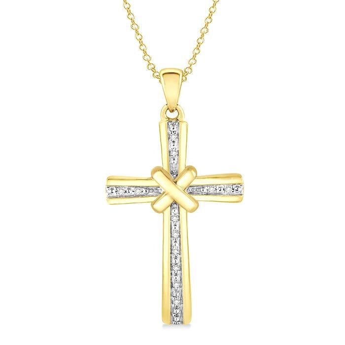 1/20 Ctw Round Cut Diamond Cross Pendant With Chain in Yellow Gold Vermeil