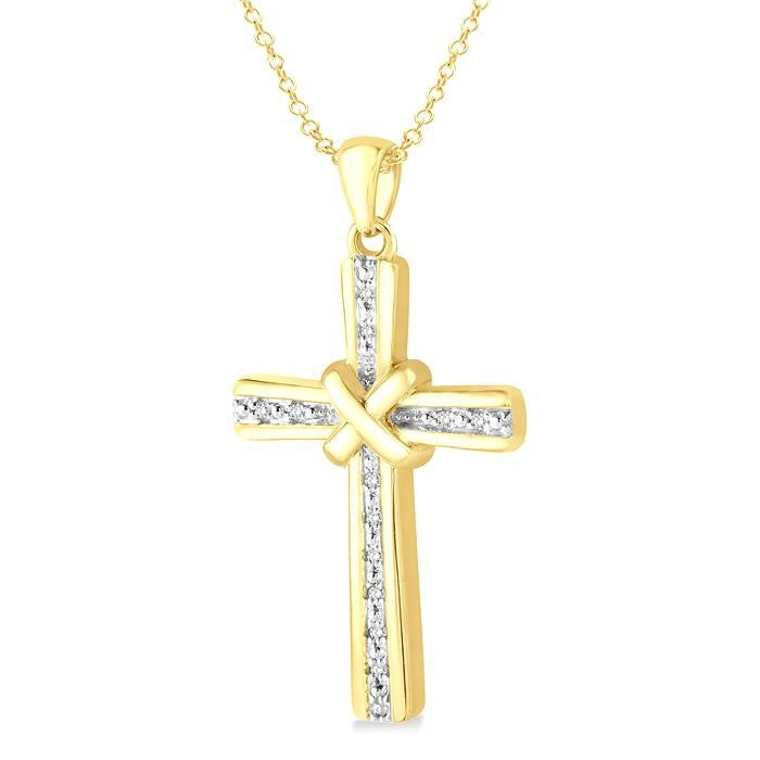 1/20 Ctw Round Cut Diamond Cross Pendant With Chain in Yellow Gold Vermeil