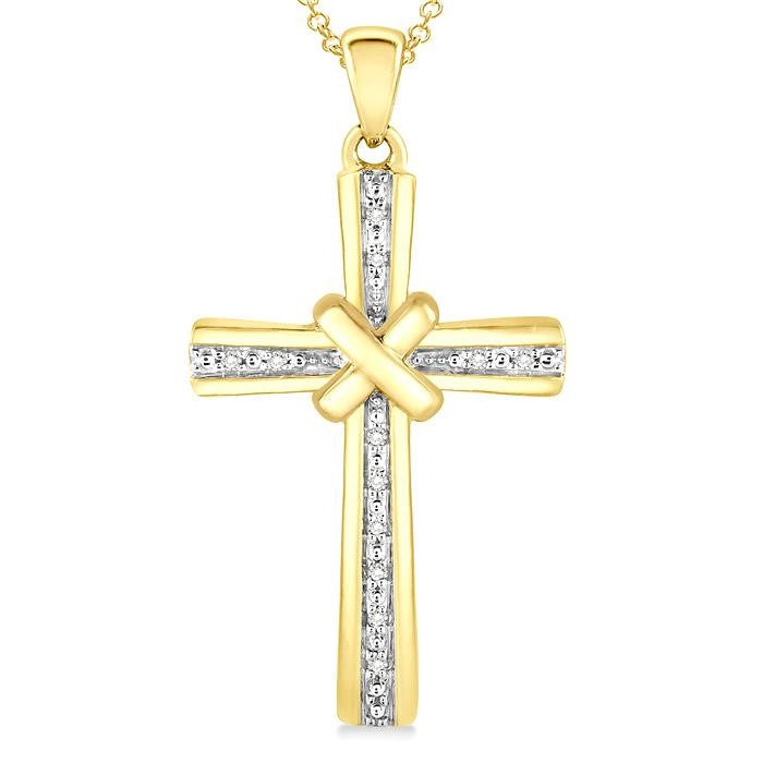 1/20 Ctw Round Cut Diamond Cross Pendant With Chain in Yellow Gold Vermeil