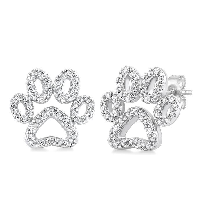 1/20 Ctw Dog Paw Round Cut Diamond Fashion Stud Earrings in Sterling Silver